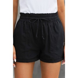 Black Elastic Waist Drawstring Roll Hem Shorts