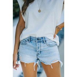 Sky Blue High Waist Distressed Washed Denim Shorts