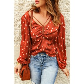 Orange Crisscross Dotted Print Bubble Sleeve Blouse