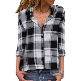 Black V Neck Roll up Sleeve Button Up Plaid Pattern Shirt